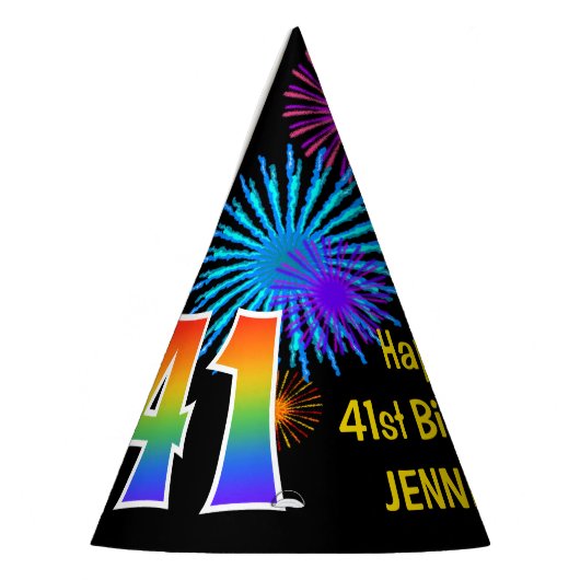 Fun Fireworks + Rainbow Pattern "41" Birthday # Feesthoedjes (Links)