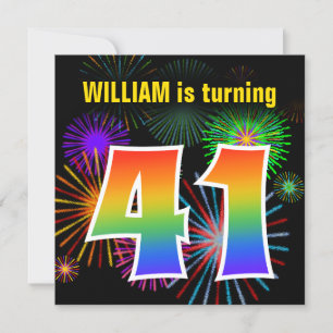 Fun Fireworks + Rainbow Pattern "41" Birthday # Kaart