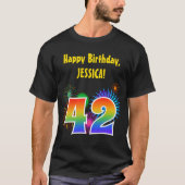 Fun Fireworks + Rainbow Pattern "42" Birthday # T-shirt (Voorkant)