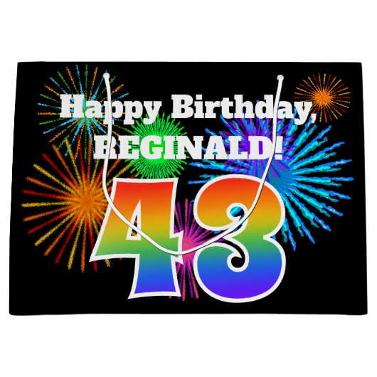 Fun Fireworks + Rainbow Pattern "43" Birthday # Groot Cadeauzakje (Voorkant)