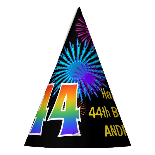 Fun Fireworks + Rainbow Pattern "44" Birthday # Feesthoedjes (Links)
