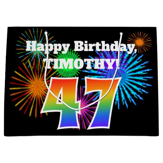 Fun Fireworks + Rainbow Pattern "47" Birthday # Groot Cadeauzakje (Voorkant)