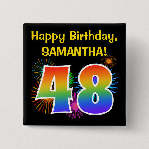 Fun Fireworks + Rainbow Pattern "48" Birthday # Vierkante Button 5,1 Cm