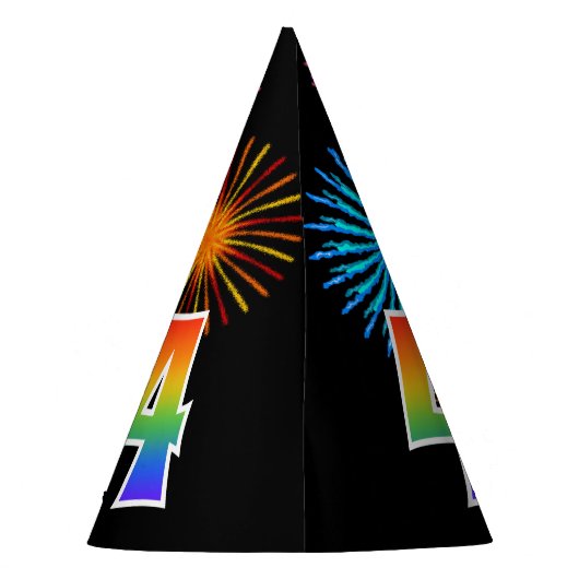 Fun Fireworks + Rainbow Pattern "4" Birthday # Feesthoedjes (Achterkant)