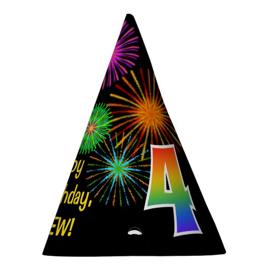 Fun Fireworks + Rainbow Pattern "4" Birthday # Feesthoedjes (Rechts)