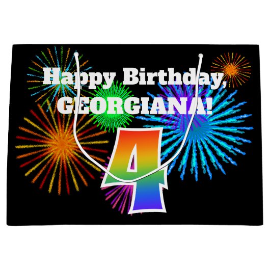 Fun Fireworks + Rainbow Pattern "4" Birthday # Groot Cadeauzakje (Voorkant)