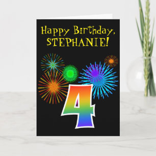 Fun Fireworks + Rainbow Pattern "4" Birthday # Kaart