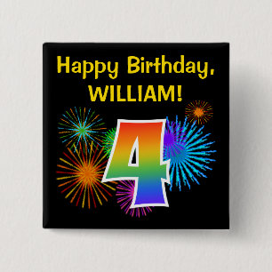 Fun Fireworks + Rainbow Pattern "4" Birthday # Vierkante Button 5,1 Cm