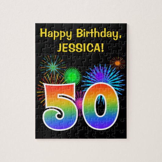 Fun Fireworks + Rainbow Pattern "50" Birthday # Legpuzzel (Verticaal)
