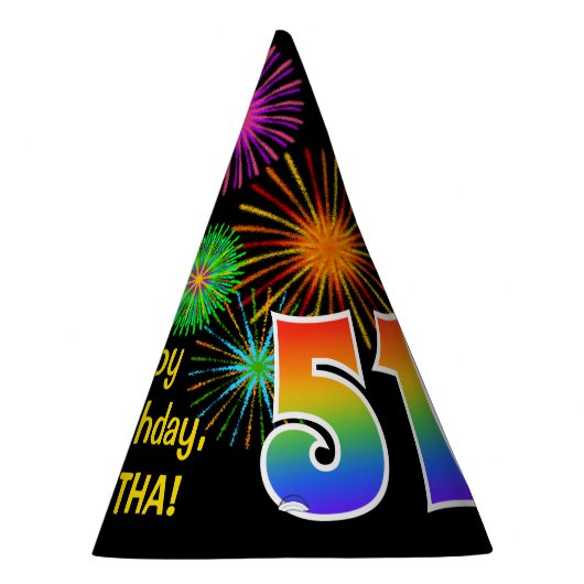 Fun Fireworks + Rainbow Pattern "51" Birthday # Feesthoedjes (Rechts)