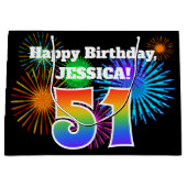 Fun Fireworks + Rainbow Pattern "51" Birthday # Groot Cadeauzakje (Voorkant)