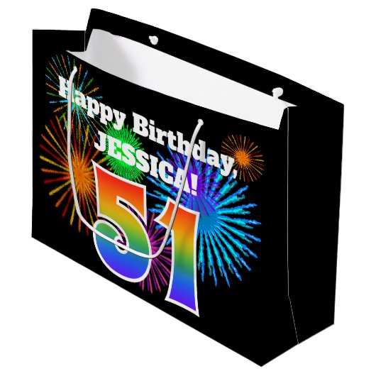 Fun Fireworks + Rainbow Pattern "51" Birthday # Groot Cadeauzakje (Voorkant Gekanteld)