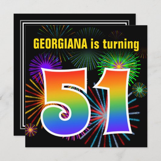 Fun Fireworks + Rainbow Pattern "51" Birthday # Kaart (Voorkant / Achterkant)