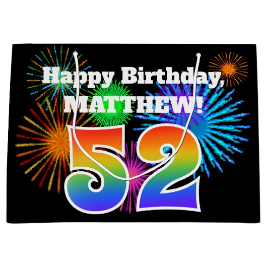 Fun Fireworks + Rainbow Pattern "52" Birthday # Groot Cadeauzakje (Voorkant)