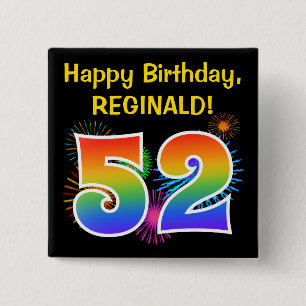 Fun Fireworks + Rainbow Pattern "52" Birthday # Vierkante Button 5,1 Cm