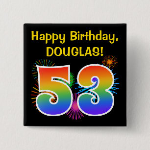 Fun Fireworks + Rainbow Pattern "53" Birthday # Vierkante Button 5,1 Cm