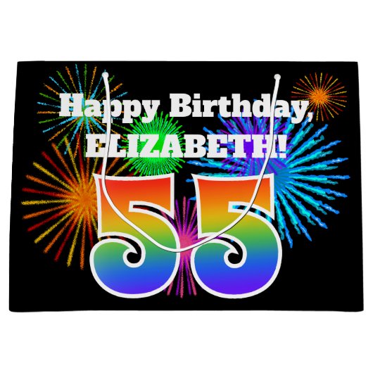 Fun Fireworks + Rainbow Pattern "55" Birthday # Groot Cadeauzakje (Voorkant)