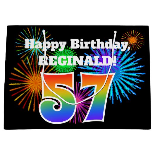 Fun Fireworks + Rainbow Pattern "57" Birthday # Groot Cadeauzakje (Voorkant)