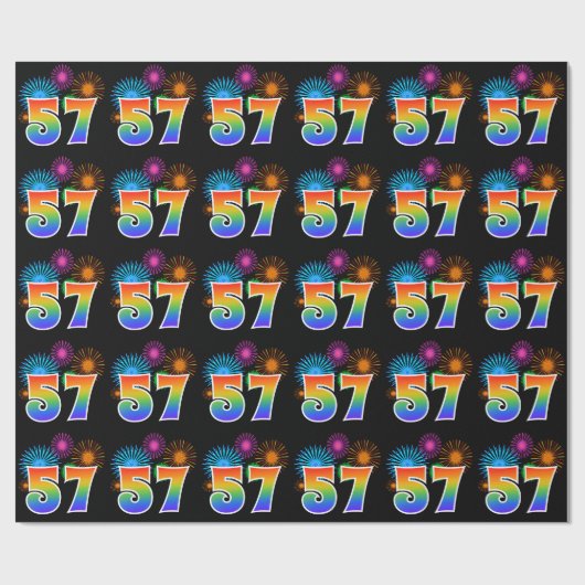 Fun Fireworks + Rainbow Pattern "57" Event Number Cadeaupapier (Vlak)
