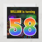 Fun Fireworks + Rainbow Pattern "58" Birthday # Kaart (Voorkant)