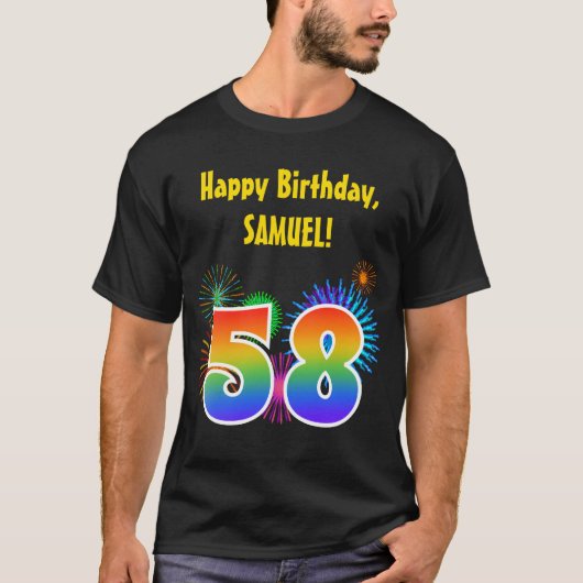 Fun Fireworks + Rainbow Pattern "58" Birthday # T-shirt (Voorkant)