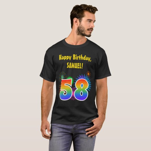 Fun Fireworks + Rainbow Pattern "58" Birthday # T-shirt (Voorkant volledig)
