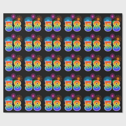 Fun Fireworks + Rainbow Pattern "58" Event Number Cadeaupapier (Vlak)
