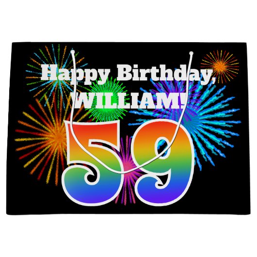 Fun Fireworks + Rainbow Pattern "59" Birthday # Groot Cadeauzakje (Voorkant)