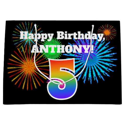 Fun Fireworks + Rainbow Pattern "5" Birthday # Groot Cadeauzakje (Voorkant)