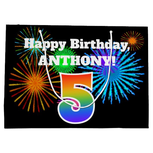 Fun Fireworks + Rainbow Pattern "5" Birthday # Groot Cadeauzakje (Achterkant)