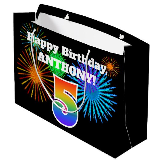 Fun Fireworks + Rainbow Pattern "5" Birthday # Groot Cadeauzakje (Achterkant Gekanteld)