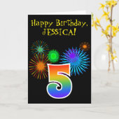 Fun Fireworks + Rainbow Pattern "5" Birthday # Kaart (Gele Bloem)