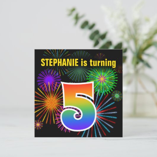 Fun Fireworks + Rainbow Pattern "5" Birthday # Kaart (Staand voorkant)