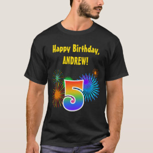 Fun Fireworks + Rainbow Pattern "5" Birthday # T-shirt