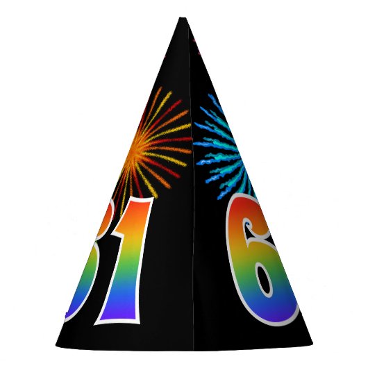Fun Fireworks + Rainbow Pattern "61" Birthday # Feesthoedjes (Achterkant)
