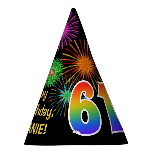 Fun Fireworks + Rainbow Pattern "61" Birthday # Feesthoedjes (Rechts)