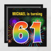 Fun Fireworks + Rainbow Pattern "61" Birthday # Kaart (Voorkant / Achterkant)