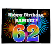 Fun Fireworks + Rainbow Pattern "62" Birthday # Groot Cadeauzakje (Achterkant)