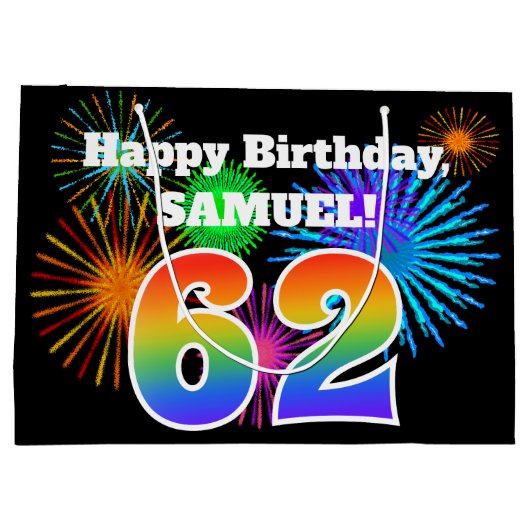 Fun Fireworks + Rainbow Pattern "62" Birthday # Groot Cadeauzakje (Achterkant)