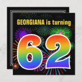 Fun Fireworks + Rainbow Pattern "62" Birthday # Kaart (Voorkant / Achterkant)