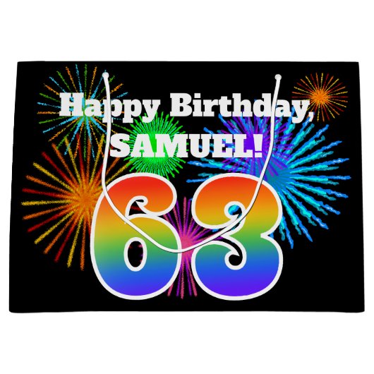 Fun Fireworks + Rainbow Pattern "63" Birthday # Groot Cadeauzakje (Voorkant)
