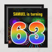 Fun Fireworks + Rainbow Pattern "63" Birthday # Kaart (Voorkant / Achterkant)