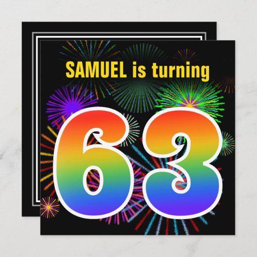 Fun Fireworks + Rainbow Pattern "63" Birthday # Kaart (Voorkant / Achterkant)