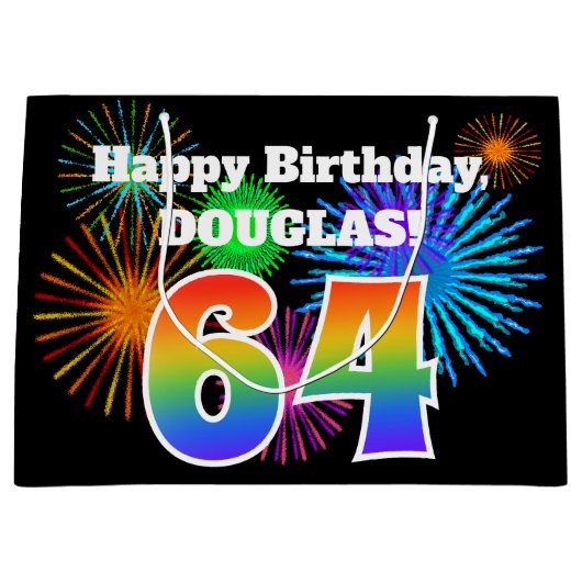 Fun Fireworks + Rainbow Pattern "64" Birthday # Groot Cadeauzakje (Voorkant)