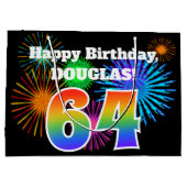 Fun Fireworks + Rainbow Pattern "64" Birthday # Groot Cadeauzakje (Achterkant)