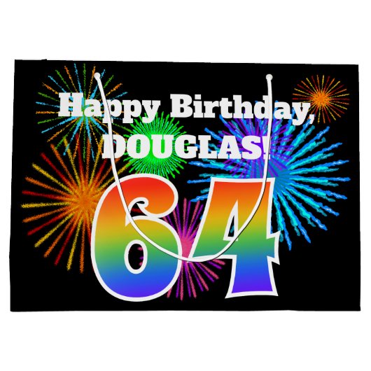 Fun Fireworks + Rainbow Pattern "64" Birthday # Groot Cadeauzakje (Achterkant)