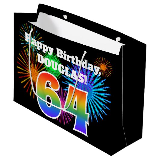 Fun Fireworks + Rainbow Pattern "64" Birthday # Groot Cadeauzakje (Voorkant Gekanteld)