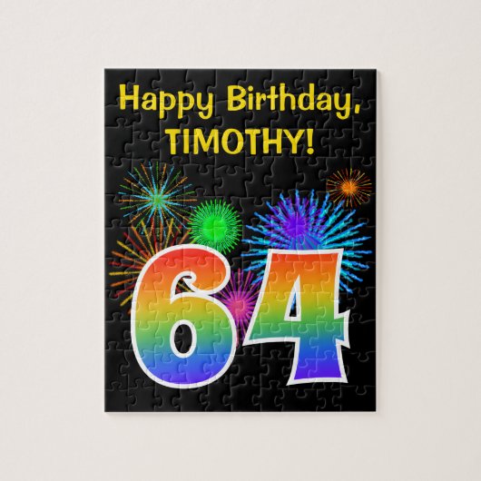 Fun Fireworks + Rainbow Pattern "64" Birthday # Legpuzzel (Verticaal)