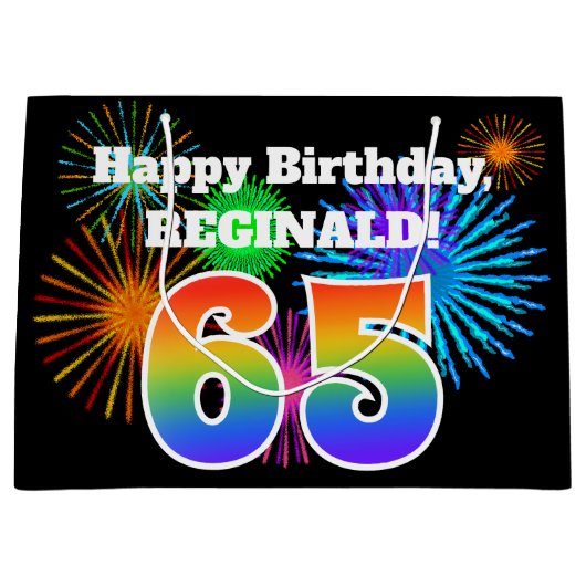Fun Fireworks + Rainbow Pattern "65" Birthday # Groot Cadeauzakje (Voorkant)