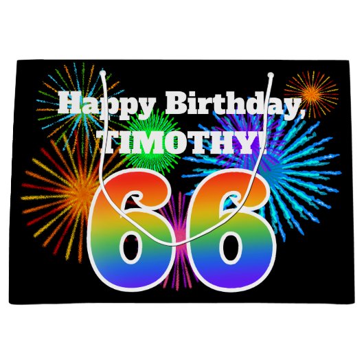 Fun Fireworks + Rainbow Pattern "66" Birthday # Groot Cadeauzakje (Voorkant)